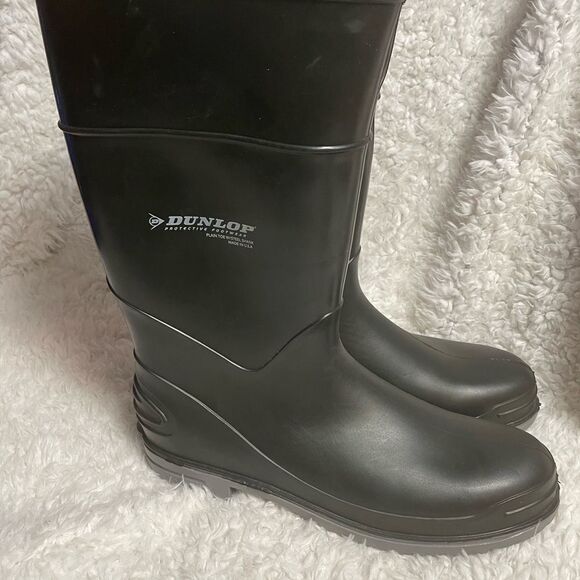 New Dunlop Men’s Black Rubber work Boots Plain Toe with Steel Shank SZ 14 - Picture 4 of 6